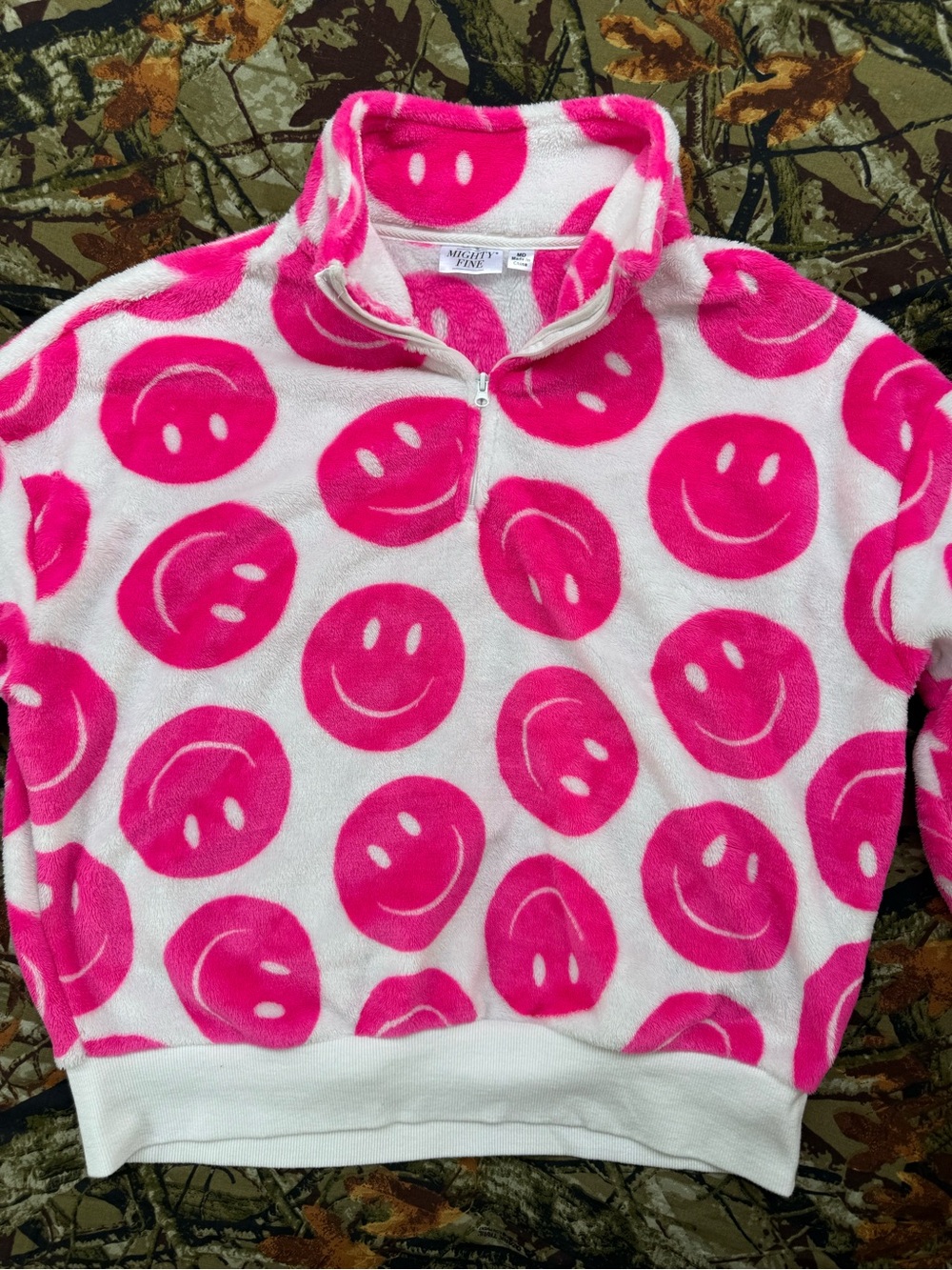 Mighty Fine Hot Pink Smiley Face Plush Fleece Quarter Zip Pullover Sweater MD